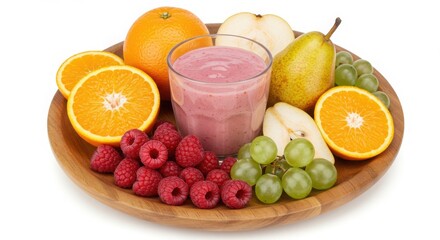 Pink fruit smoothie with fresh oranges pears and raspberries