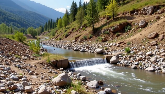 constructing check dams in hillside streams slowing water flow reducing sediment loss preventing further degradation restoring aquatic habitats in damaged hill areas, Generative AI