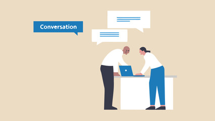 Obraz premium Two colleagues collaborating over a laptop with speech bubbles indicating conversation and communication going on