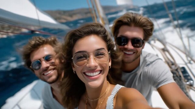 Group of friends experiencing joy and freedom while sailing, wind blowing through their hair. Adventurous and uplifting scene ideal for travel, outdoor activities, lifestyle, and leisure content