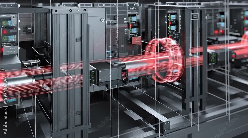 Poster dcim software. data center infrastructure management. a high-tech laser system emits a focused red b