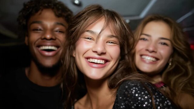 Group of friends enjoying playful poses and laughter in a photobooth. Fun and vibrant scene ideal for social gatherings, lifestyle, celebrations, and friendship content