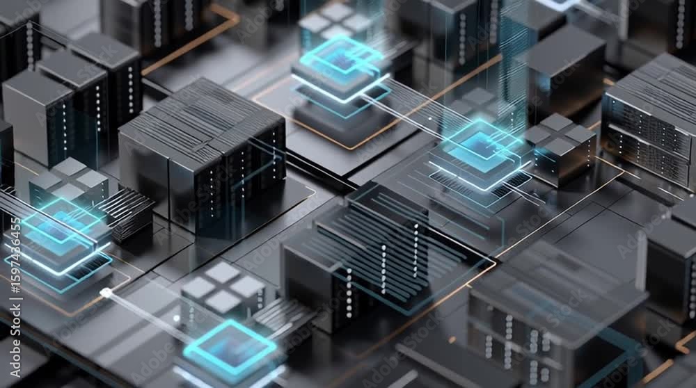 Poster dcim software. data center infrastructure management. a futuristic digital cityscape with glowing ci