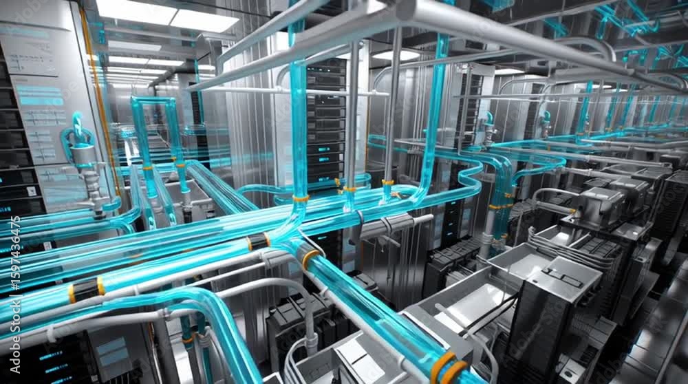 Poster dcim software. data center infrastructure management. a futuristic server room features transparent 