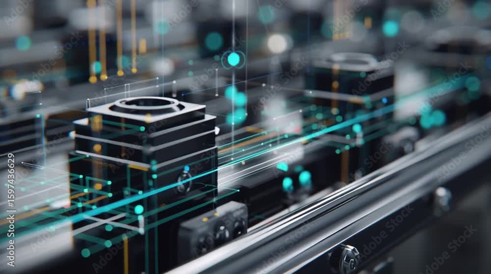 Poster dcim software. data center infrastructure management. a high-tech conveyor system with futuristic di