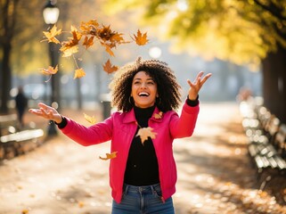 Carefree fall moment in public park