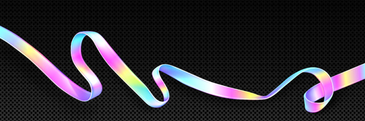 Hologram tape ribbon with rainbow gradient effect - iridescent curling strip of pink, blue and yellow colors. Decorative metallic streamer for party decoration or festive celebration design elements.
