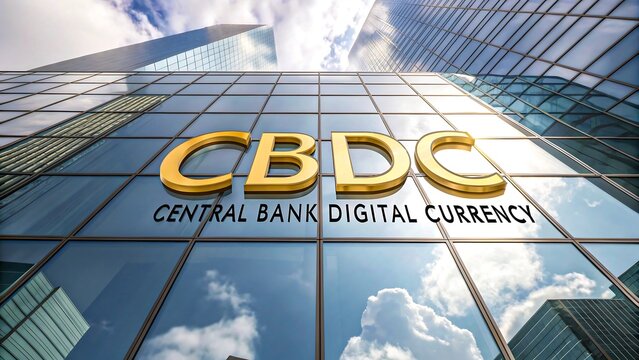 CBDC Central Bank Digital Currency Sign Displayed on Modern Glass Skyscraper in Financial District
