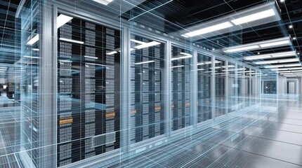 Dcim software. Data Center Infrastructure Management. A futuristic data center with glowing digital grid lines representing advanced network infrastructure. - Powered by Adobe