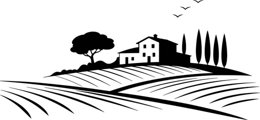 Obraz premium Tuscan landscape with villa and cypress trees fields
