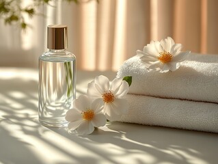 Minimalist Transparent Bottle and Delicate Towel with Decorations on Blank Background Composition