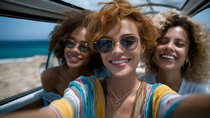 Group of friends traveling in a vibrant vintage van, enjoying the freedom of the open road. Fun and adventurous scene ideal for travel, lifestyle, road trips, and outdoor content