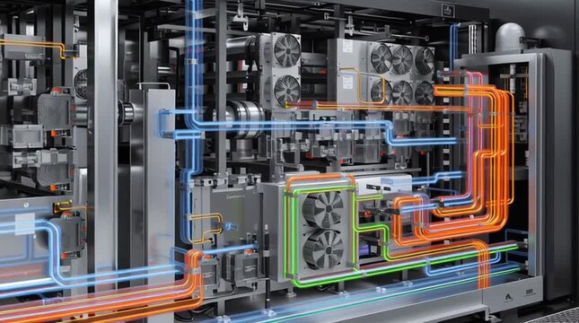 Dcim software. Data Center Infrastructure Management. A high-tech server room cooling system with colored airflow and heat management pathways inside a data center.