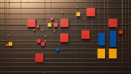 Modern abstract art with red, blue and yellow squares arranged on metal grid background