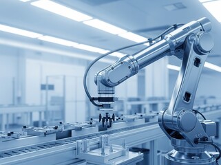 Quiet modern workshop showing robotic arm over shiny floor with few visible wires and metal parts