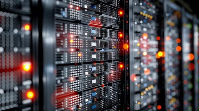 Dcim software. Data Center Infrastructure Management. Rows of server racks with blinking red indicator lights in a modern data center environment.