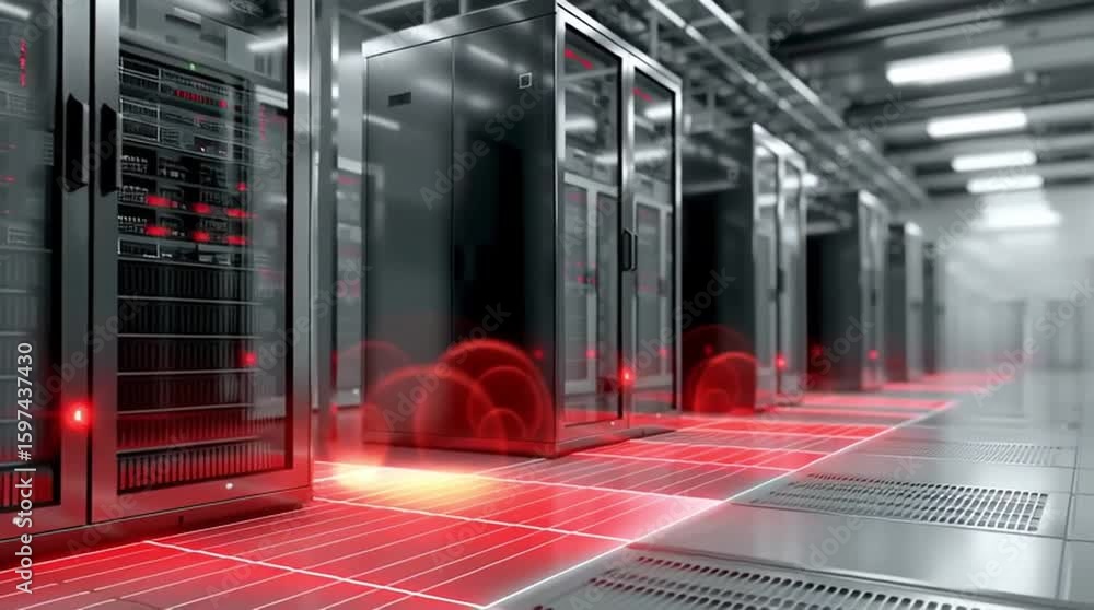 Poster dcim software. data center infrastructure management. a modern data center with glass-fronted server
