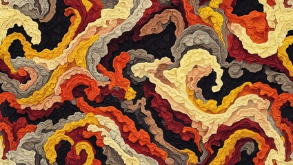 Organic flowing abstract of layered beige, yellow, red, gray and black with rough texture.
