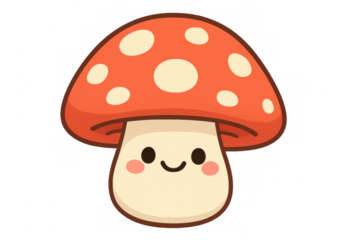 Kawaii mushroom character grinning, sporting cute cartoon style, floating on transparent backdrop, ideal for playful graphic needs