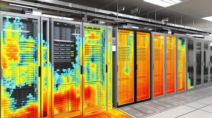 Dcim software. Data Center Infrastructure Management. A modern data center with server racks visualized in thermal imaging, highlighting areas of heat generation and cooling efficiency. - Powered by Adobe