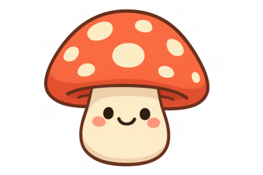 Kawaii mushroom character grinning, sporting cute cartoon style, floating on transparent backdrop, ideal for playful graphic needs
