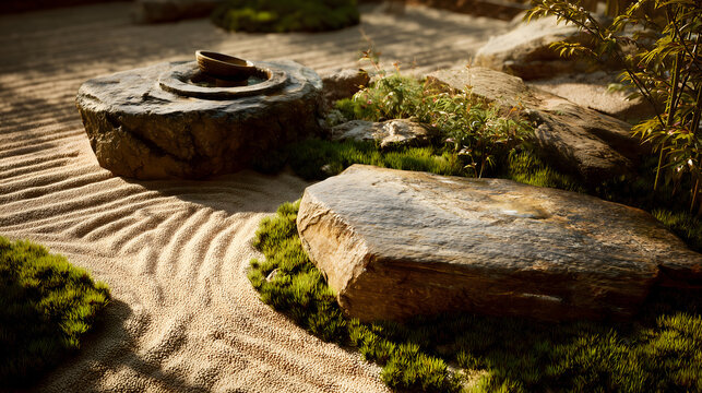 Detail close-up of a stone lantern resting on moss with fine raked gravel — elegant and tranquil Zen aesthetic.