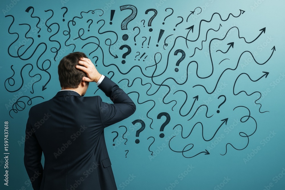 Poster confused businessman scratching head in front of chaotic question marks and arrows on blue backgroun