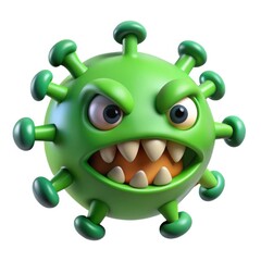 Green cartoon virus character with angry face isolated on white background