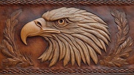 Embossed eagle head on brown leather
