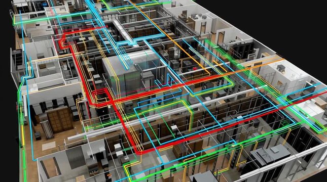 Dcim software. Data Center Infrastructure Management. A digital rendering shows a building&rsquo;s interior layout and colorful network of HVAC or utility systems.