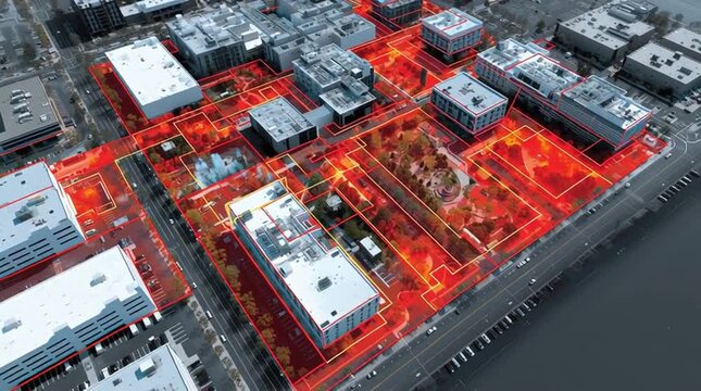 Dcim software. Data Center Infrastructure Management. Aerial view of city buildings with digital heat map overlay highlighting zones and pathways in vivid red and yellow colors.