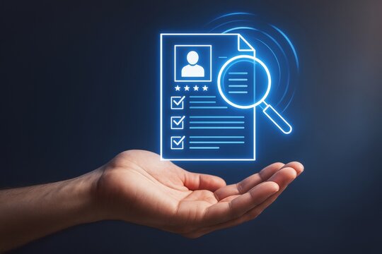 Human hand holding glowing holographic resume document with magnifying glass over dark background symbolizing creative business recruitment concept.