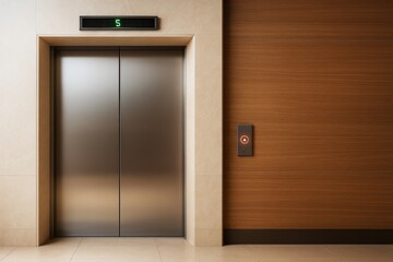 Modern elevator doors closed on fifth floor with illuminated button panel in stylish building interior with wooden and beige tiled walls.