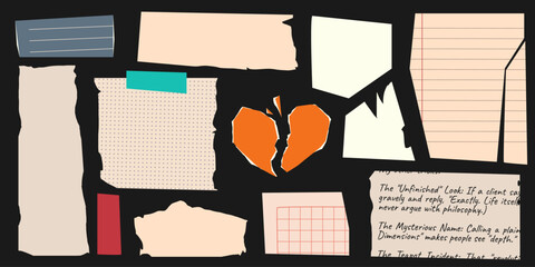 Naklejka na ściany i meble Vintage torn paper set with note textures - ripped edges, lined notebook pages, grid patterns and dotted sheets. Broken heart and scraps, retro stationery for scrapbooking, journaling, collage design
