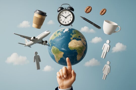 Business concept with globe, airplane, coffee, clock, and people icons floating on light blue background with clouds and pointing hand.