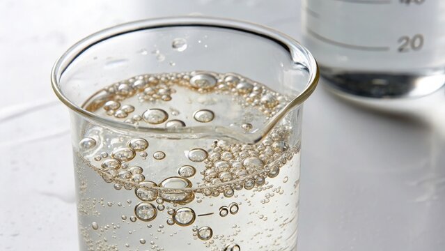 A clear beaker filled with bubbling liquid in a laboratory