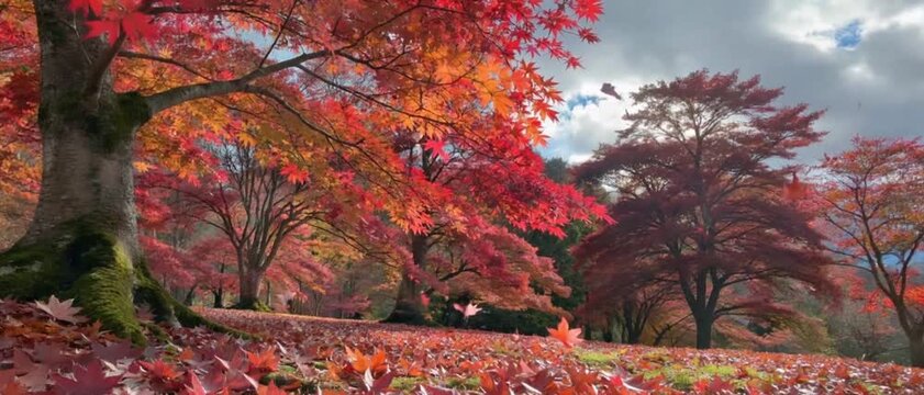 Autumn Leaves Falling in Japanese Maple Garden