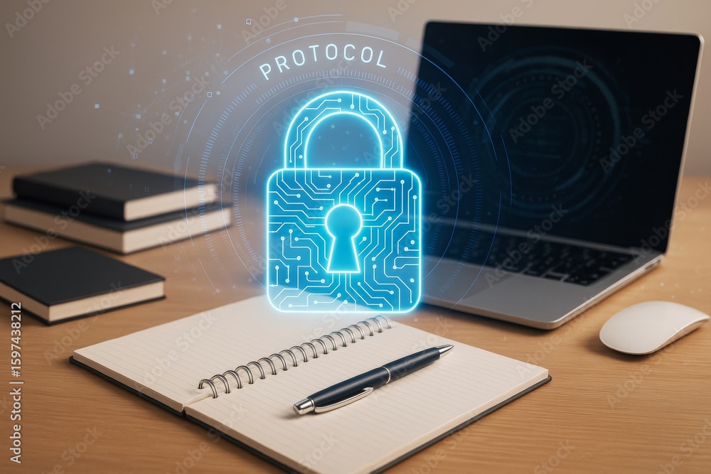 Poster digital padlock with circuit pattern representing data protection over notebook and laptop on wooden