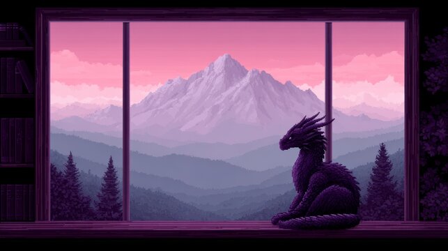 A purple dragon sits on a windowsill overlooking a pixelated mountain range at sunrise