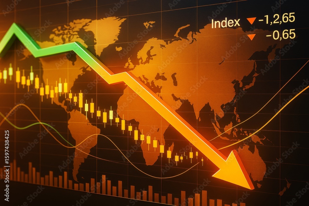 Aufkleber global stock market crash concept with red arrow and financial chart on dark world map background wi