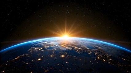 Obraz premium Sunrise over earth from space with city lights visible