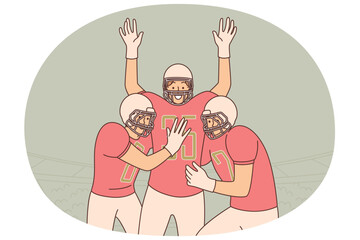 Team of baseball players celebrate victory in game during national college football tournament