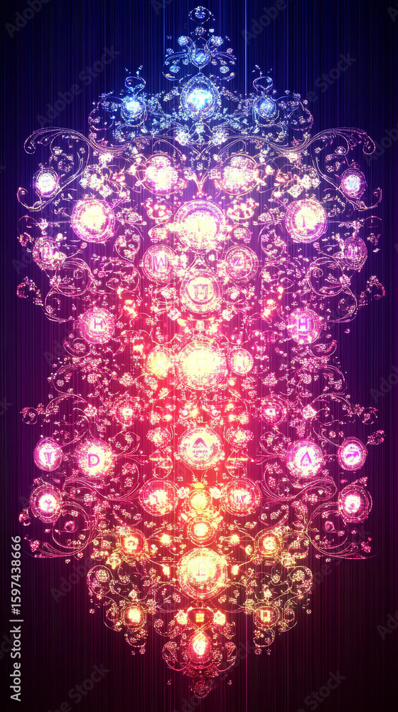 Poster vibrant glowing circles form an intricate, mystical digital pattern. a mesmerizing abstract backgrou