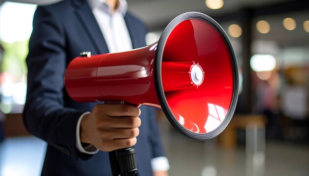 Businessman holding a red megaphone - Powered by Adobe