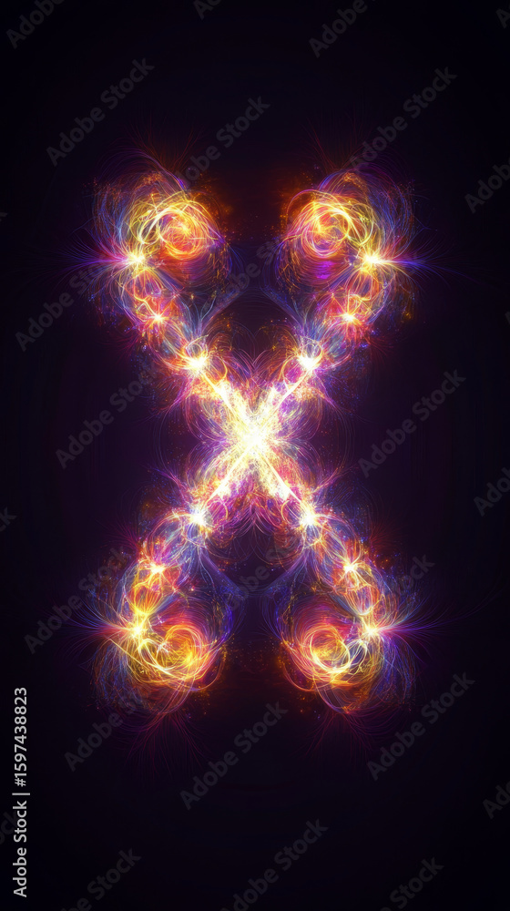 Poster vibrant light trails form an abstract x shape. dynamic energy pulsates in this dazzling design.