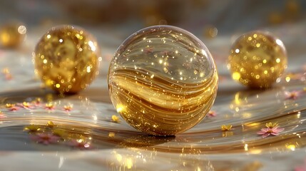 Golden orbs with sparkling lights and delicate flower petals float on a reflective rippling surface
