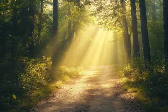 A path through a forest with sunlight streaming through the trees creating a bright and ethereal scene