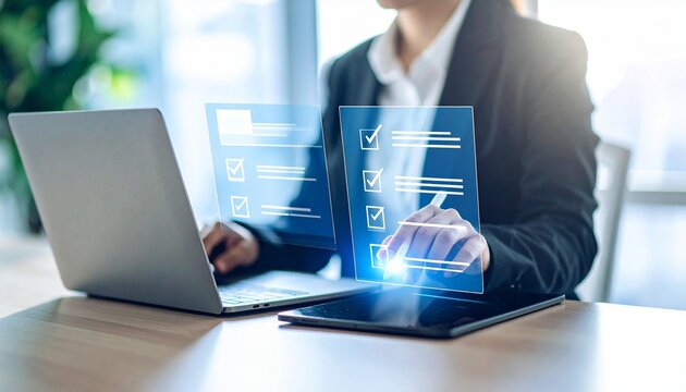 Businesswoman interacting with virtual checklist on digital tablet and laptop
