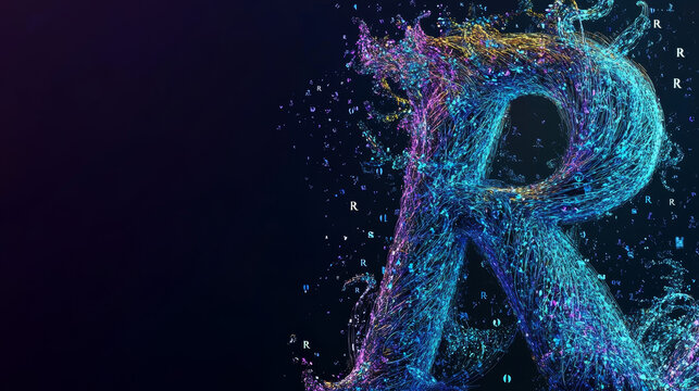 Dynamic digital letter R bursts with vibrant data particles. Concept of abstract technology and innovation.