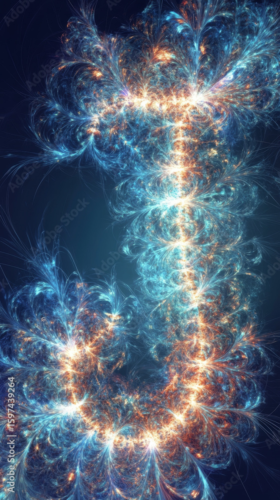 Poster vibrant abstract fractal with intricate luminous patterns. dynamic electric energy glows from a dark
